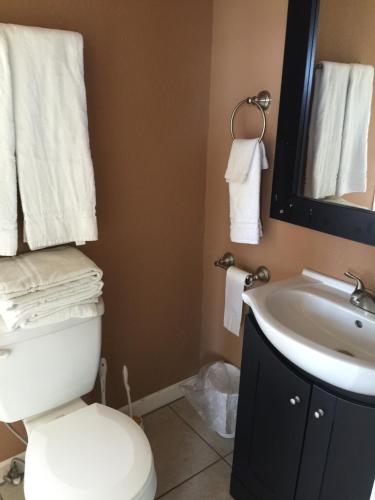 a bathroom with a white toilet and a sink at Mountain Trail Lodge and Vacation Rentals in Oakhurst