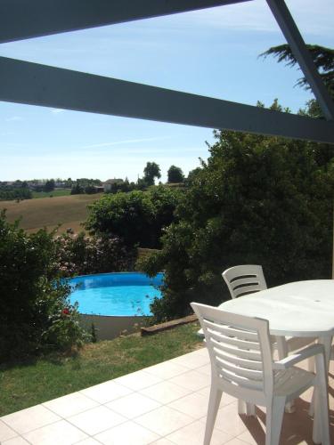 un patio avec une table et des chaises et une piscine dans l'établissement Gite le pigeonnier du figue-haut avec piscine privée à durfort lacapelette, à Durfort