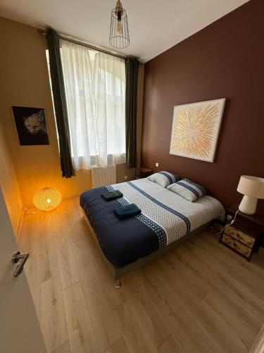 a bedroom with a large bed with blue pillows at F3 centre-ville, parking privé in Auxerre