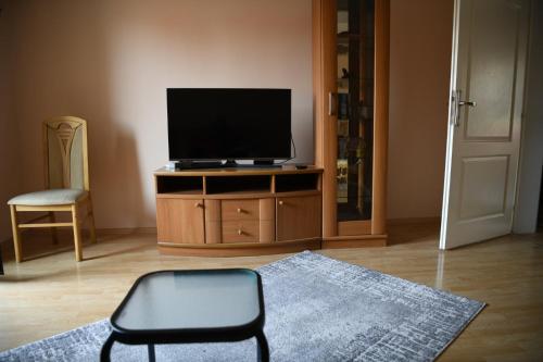 sala de estar con TV y silla en Stan Centar, en Bitola