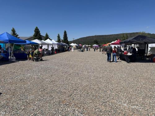 a group of people walking through a market with tents at 984 Pine Valley Forest Lakes in Vallecito
