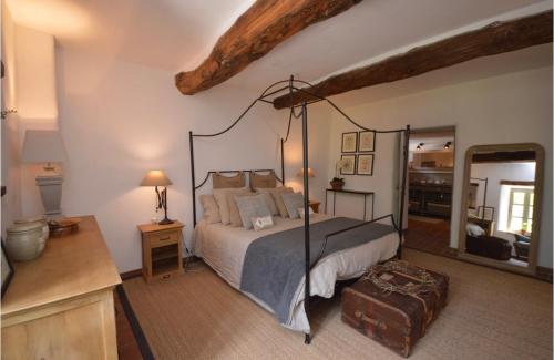 une chambre avec un lit à baldaquin et un miroir dans l'établissement Le Vaquier, à Soudorgues