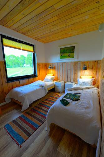 a bedroom with two beds and a large window at Wytwórnia Ciszy i Spokoju Apartamenty Wojtokiemie in Puńsk