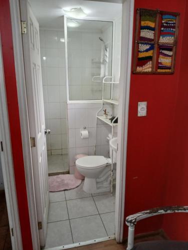 a bathroom with a white toilet and a shower at Cabaña con tinaja de hidromasaje in Valdivia