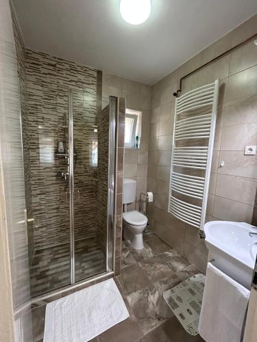 une salle de bains avec douche, toilettes et lavabo dans l'établissement Fagyöngy, à Sárvár
