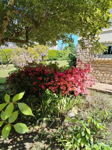 a garden with red and pink flowers in front of a building at Les Bonnebosquaises in Bonnebosq