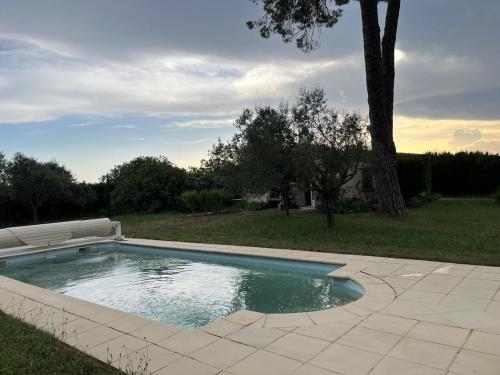 - une piscine dans une cour avec un arbre dans l'établissement Charmant petit Mazet au cœur d'un magnifique jardin et d'une grande piscine à Uzès, à Uzès