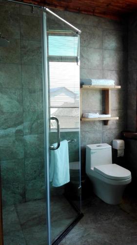 a bathroom with a toilet and a glass shower at 张家界天门山伴田居民宿 in Zhangjiajie
