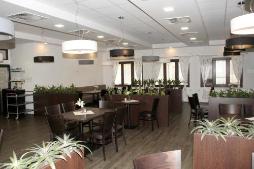a restaurant with tables and chairs and potted plants at Penzion Aladdin in Teplice