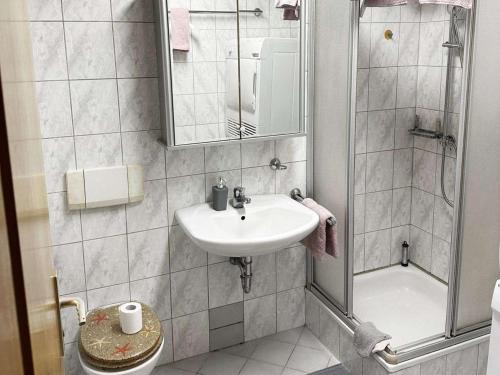 ein Badezimmer mit Waschbecken und Dusche in der Unterkunft Stay & Relax Apartment in Flörsheim am Main in Flörsheim