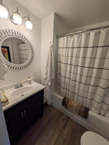 a bathroom with a sink and a shower curtain at Maple Suites in Clearwater