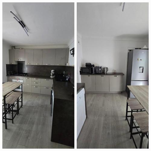 deux images d'une cuisine avec un réfrigérateur et une table dans l'établissement Villa 4 pièces à Fréjus Plage 5 min plage, clim, parking & BBQ, à Fréjus