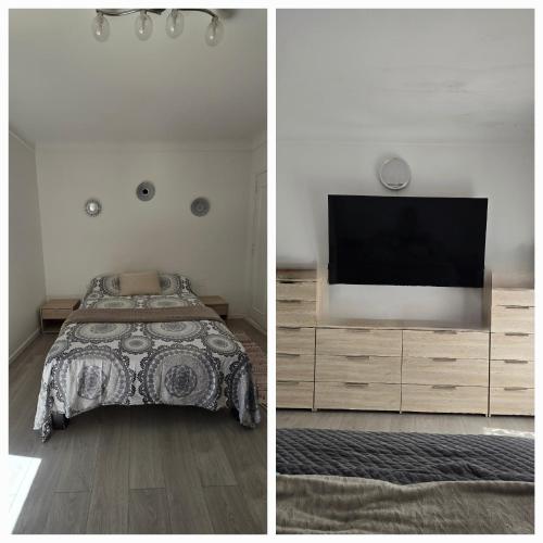 une chambre avec un lit et une télévision sur une commode dans l'établissement Villa 4 pièces à Fréjus Plage 5 min plage, clim, parking & BBQ, à Fréjus