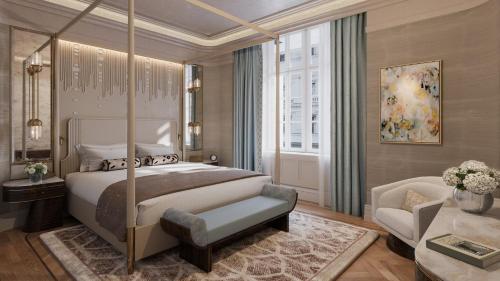 a bedroom with a canopy bed and a desk at Mandarin Oriental, Vienna in Vienna