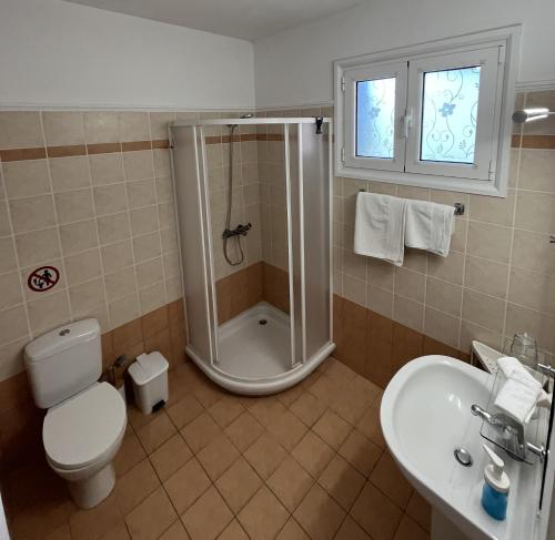 a bathroom with a shower and a toilet and a sink at Margaret's House in Kefallonia
