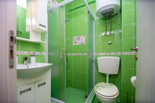 Un baño verde con inodoro y lavabo. en KlubNika, en Budva