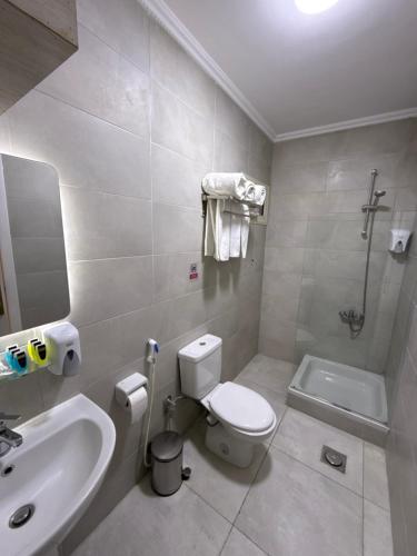 a bathroom with a white toilet and a sink at Topview Pyramids And Museum in Cairo