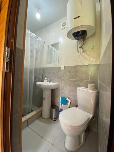 Un baño pequeño con inodoro y lavabo. en Ushguli Cabins, en Ushguli