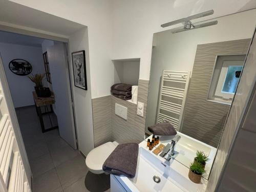 une salle de bain avec un lavabo, des toilettes et un miroir dans l'établissement La Maison de Emma, à Boulbon