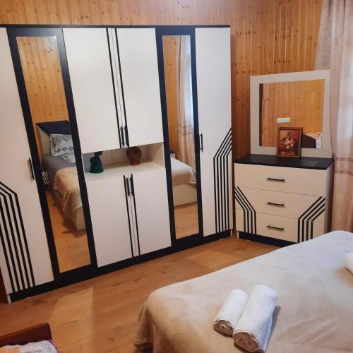 a bedroom with a large mirror and a bed at Nugzar House Chakvi - 2 Bedrooms in Chakvi