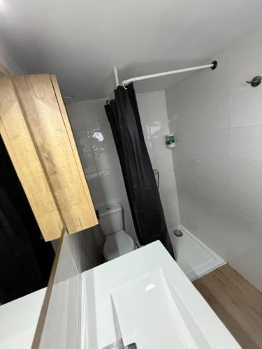 La salle de bains est pourvue d'un rideau de douche noir et de toilettes. dans l'établissement Appartement centre-ville Narbonne 5 personnes, climatisé, 2 chambres, à Narbonne