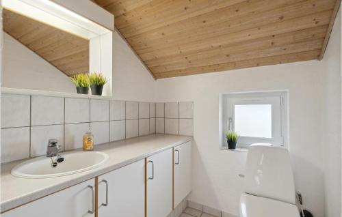 a white bathroom with a sink and a window at Nice Home In Vinderup With Sauna in Vinderup