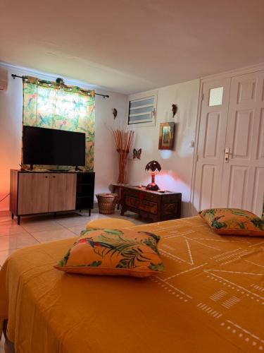 a bedroom with two beds and a flat screen tv at La Kaza Tresor - Appartement T2 spacieux avec jacuzzi privé in Sainte-Anne