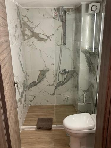 a bathroom with a shower with a toilet and a sink at Villa Kalimera Apartment in Flogita