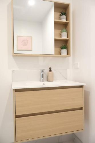 a bathroom with a sink and a mirror at Cosy 2BR House in Awaroa Road in Auckland