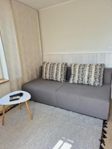 a couch with two pillows in a living room at Hang apartment in Kuressaare