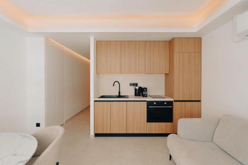 un salon avec un canapé et une cuisine dans l'établissement T2 Neuf et chic à deux pas de la Croisette, à Cannes