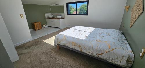une chambre avec un lit, un lavabo et une fenêtre dans l'établissement Villa Pessac jardin luxuriant et piscine chauffée, à Pessac