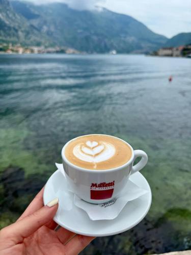 a person holding a cup of coffee in front of the water at Seafront apartment Vujovic in Prčanj