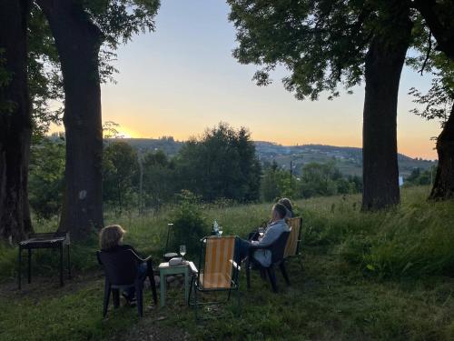 two people sitting at a table in the grass at Casa cu copaci Romanian historical farmhouse in Mărişel