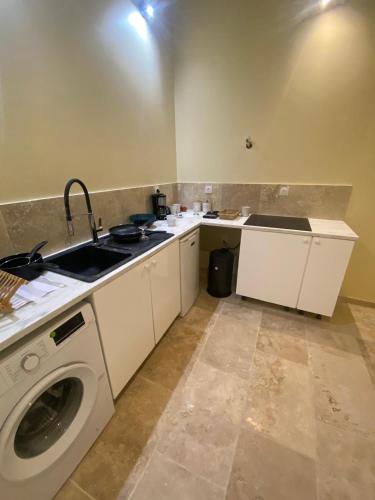 une cuisine avec un évier et une machine à laver dans l'établissement Centre Roquemaure, à Roquemaure