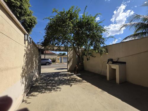 a tree sitting next to a wall with a sidewalk at Suíte1 Privativa Climatizada Mobiliada com Garagem e Wi-Fi in Goiânia
