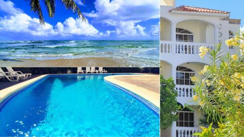 a collage of two pictures of a house and the ocean at Beach Apartment with Pool - Costambar in Las Flores