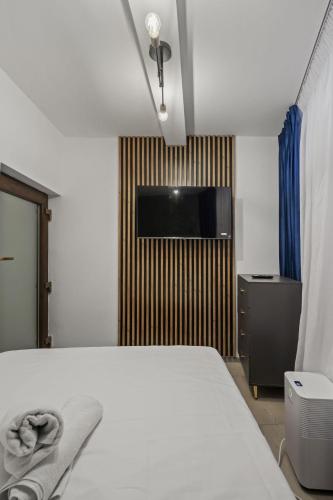 a bedroom with a bed and a flat screen tv at Interbelic Villa close to Old Town in Bucharest