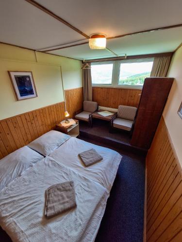 a bedroom with a bed and a chair and a window at Chata Polárka in Pec pod Sněžkou