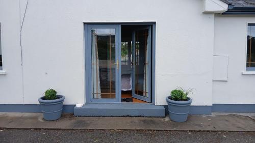two potted plants sitting in front of a door at shiv's comfy apartment in Balnacart