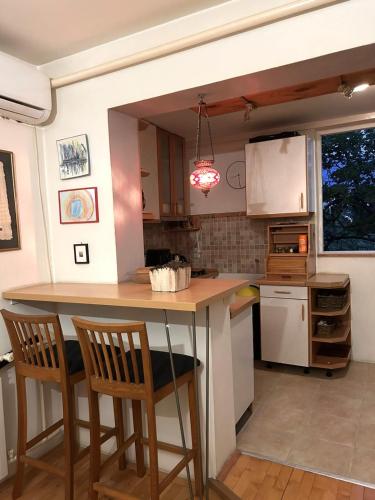 ZlokukjaniにあるFeniks Apartmentのキッチン(カウンター、椅子2脚付)