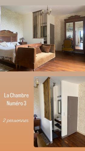 - deux photos d'une chambre avec un lit et d'un salon dans l'établissement 99 Maison des Merles, à Briennon