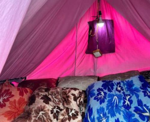 a pink room with a couch and a pink wall at Sidharth camp in Kedārnāth