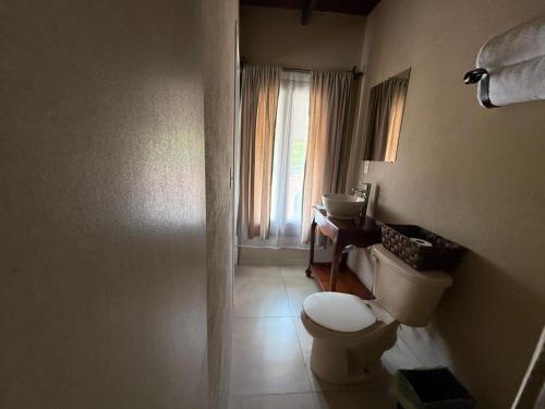 ein Badezimmer mit Toilette und Waschbecken und einem Fenster in der Unterkunft Hotel Carretas in Jalpan de Serra