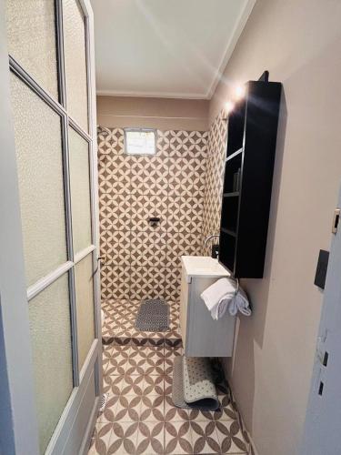 a bathroom with a shower with a sink and a toilet at Apartamento Penacchi in Tandil