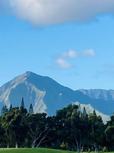 a mountain in the distance with trees in the foreground at Princeville Townhouse Apt - Views, Pool, Near Hanalei! in Princeville