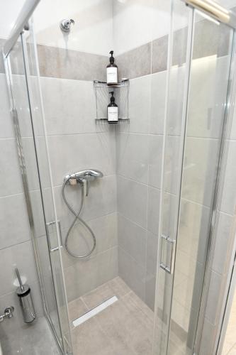 a shower with a glass door in a bathroom at Casa al'tati studios in Ialyssos