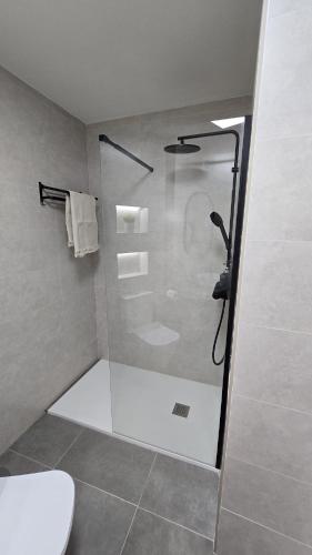 a shower with a glass door in a bathroom at La Corbeta in Torrox Costa