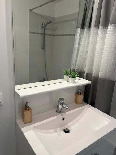 une salle de bain avec un lavabo blanc et une douche dans l'établissement Le chic moderne Disney Paris, à Chessy