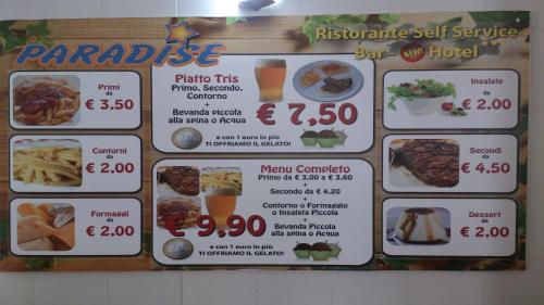 a sign for a restaurant with food and drinks at Hotel Paradise in Bruzolo